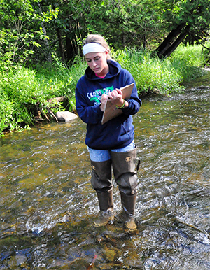 Person in waders stands in a shallow stream, holding a clip board while surrounded by green vegetation.